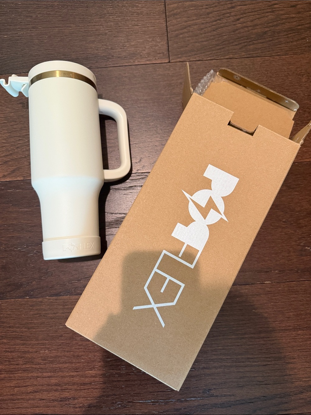 Cream Travel Mug with Gold Accent and Handle